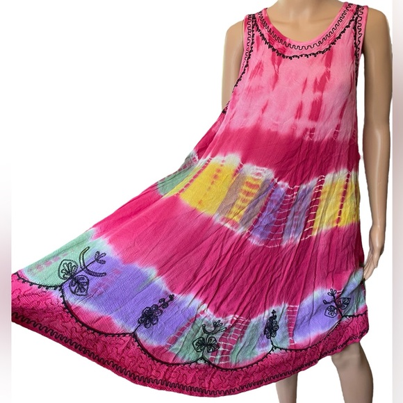 Colorz Pink Rainbow Hippie Boho Earthy Eclectic Tie Dye Embroidered Midi Dress - Picture 1 of 7